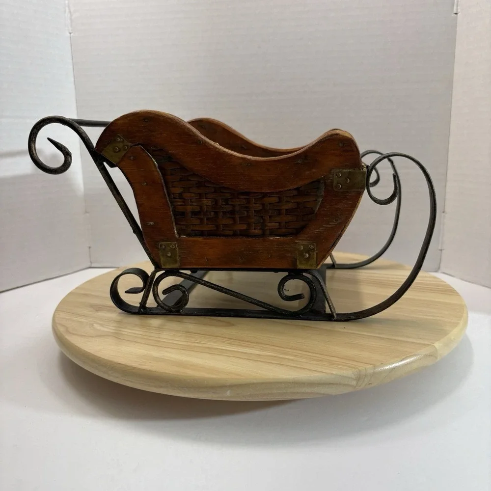 Wood Wicker & Metal Sleigh Storage Basket Small Brown/Black Handle Christmas